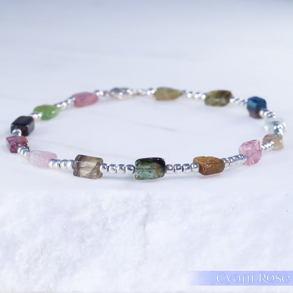 Multi Tourmaline and Sterling Silver bracelet earthy colours grounding