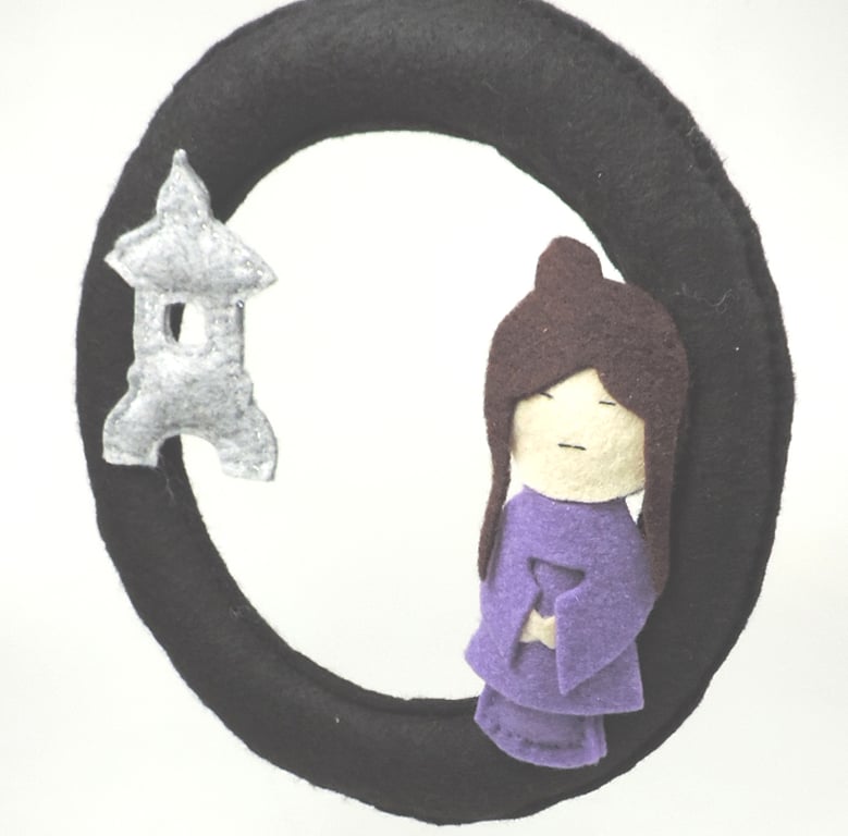 Japanese inspired Hanging, Geisha and Temple, Hand stitched Felt Wall Decoration