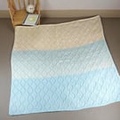 Hand Knitted Baby Blanket in Blue & Cream – Cosy Two-Tone Baby Shawl, Diamond 