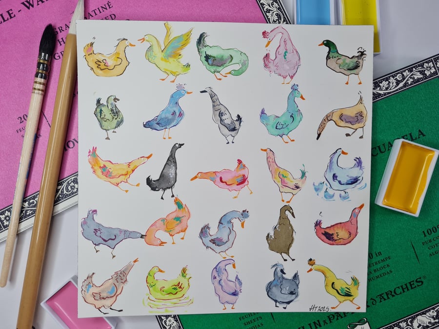 Original Watercolour painting colourful duck art