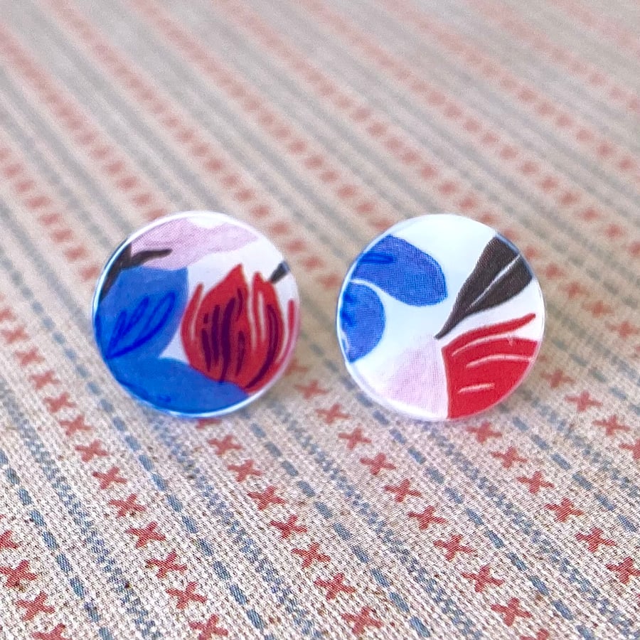 Recycled plastic purple and red floral circle stud earrings