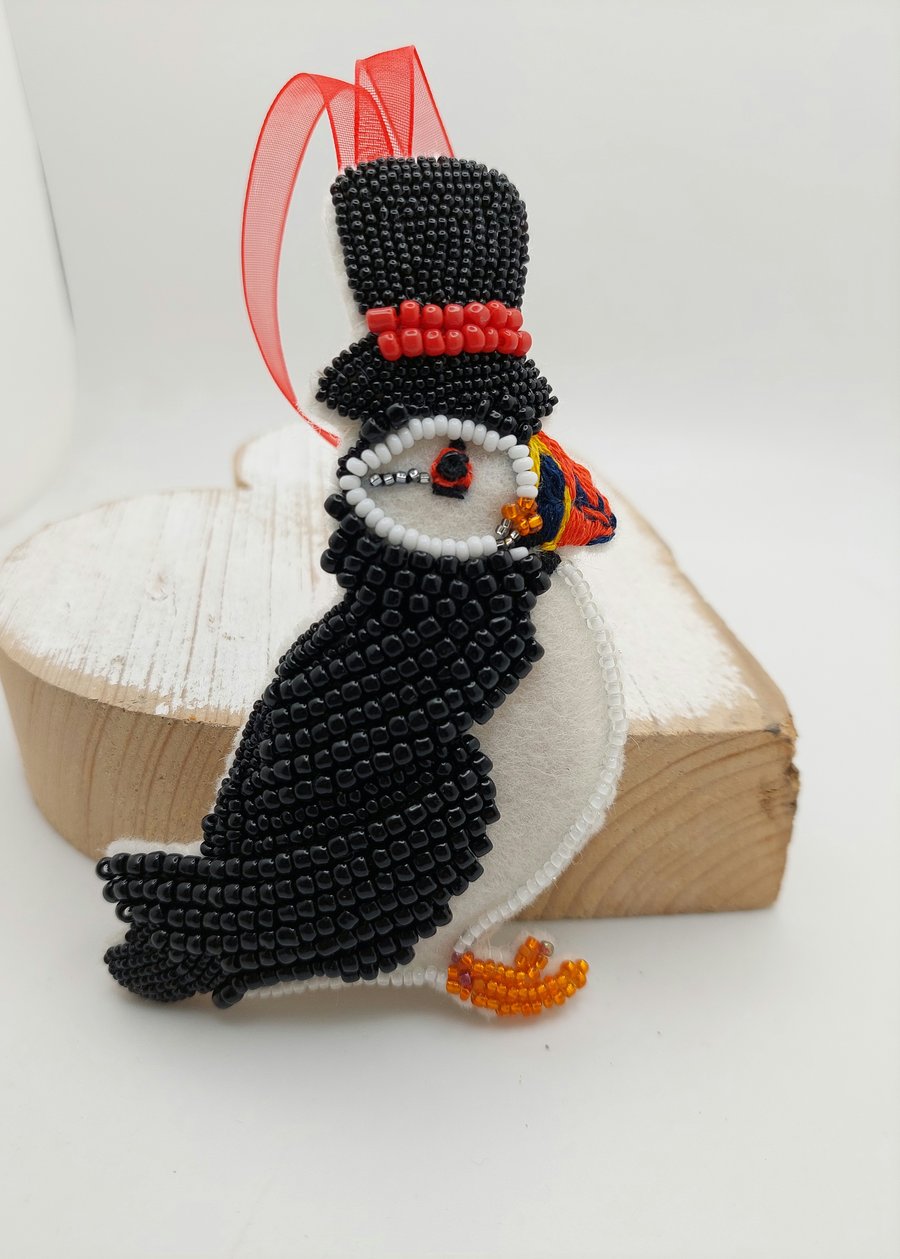 Bead embroidery Puffin ringmaster decoration