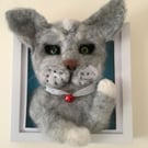 Needle felted kitty in frame
