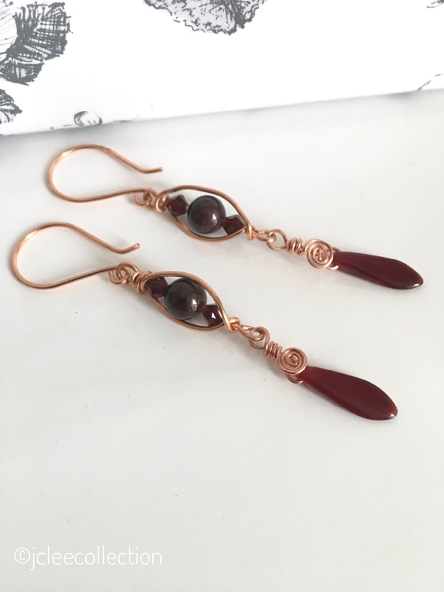 Garnet and Copper Gemstone Earrings with Dagger Drops January Birthstone 