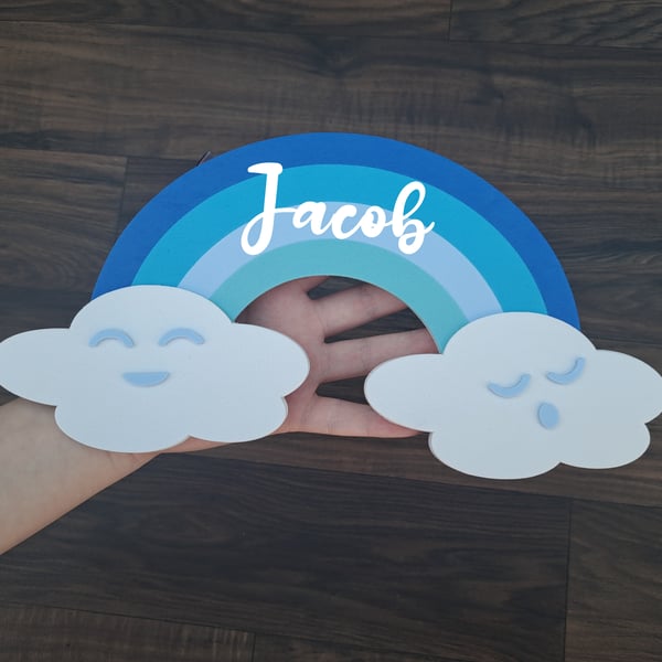 Custom Name Nursery Decor, Blue Rainbow, Clouds Wall Art, Personalised Baby Gift