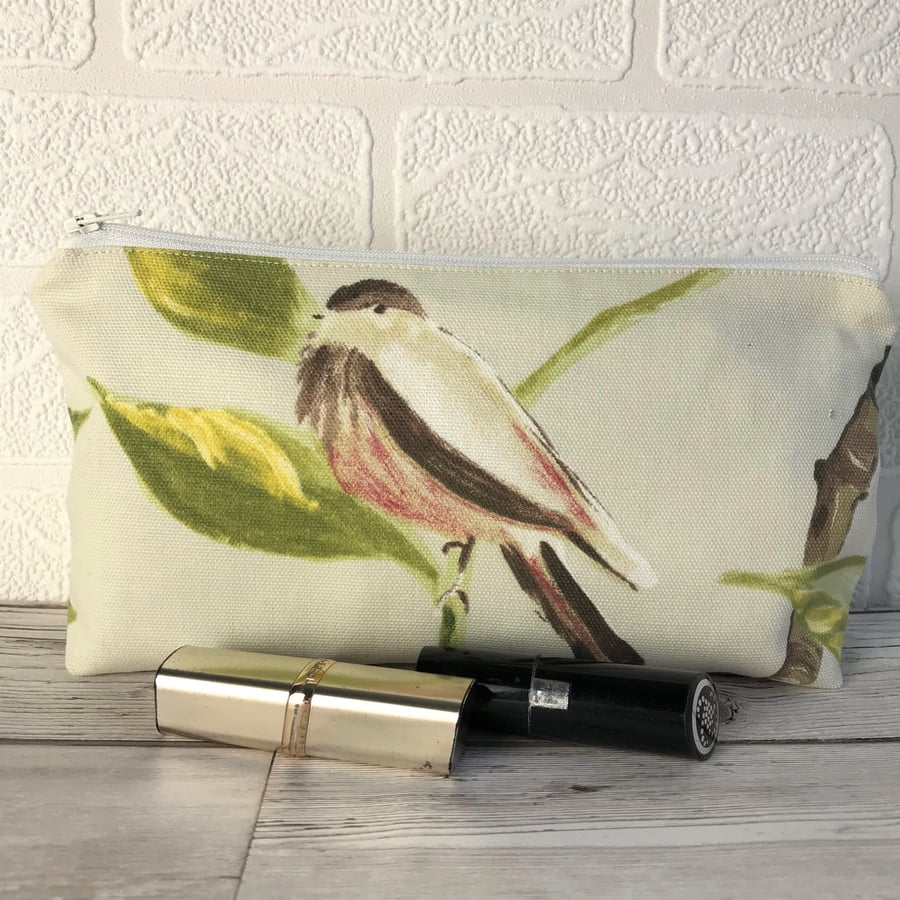 Bird make up bag, cosmetic bag with red, cream and black bird 