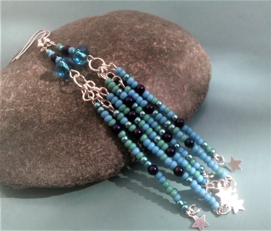 Long Turquoise Blue Seed Bead Earrings