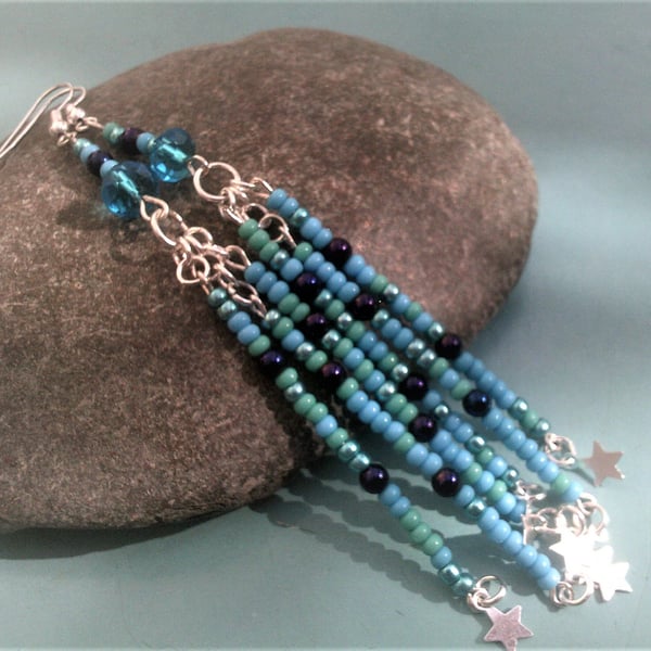Long Turquoise Blue Seed Bead Earrings