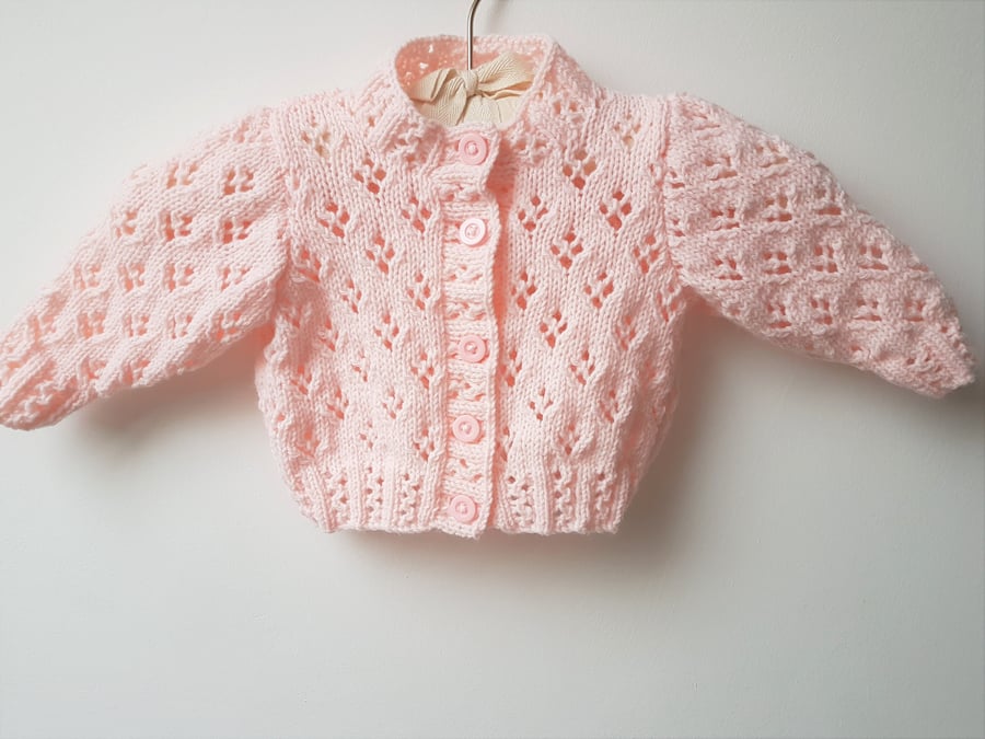 Hand Knitted Baby Pink Lacy Cardigan