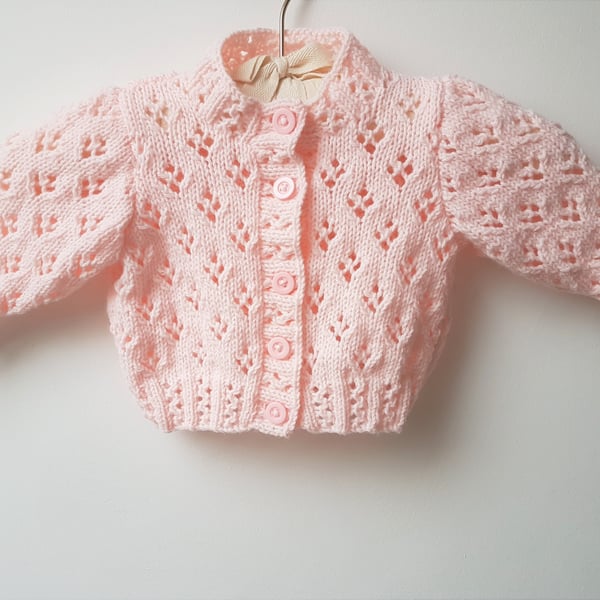 Hand Knitted Baby Pink Lacy Cardigan