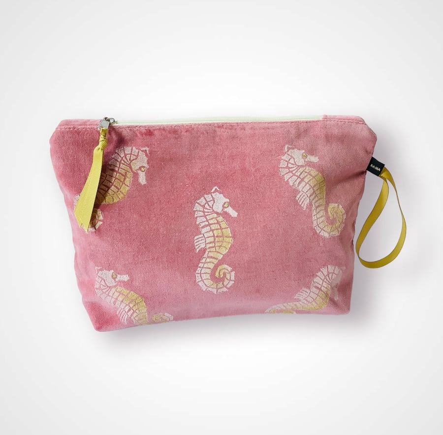 Dusty Pink Seahorses Velvet Makeup Bag
