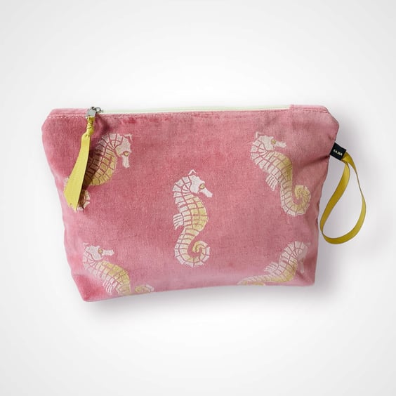 Dusty Pink Seahorses Velvet Makeup Bag