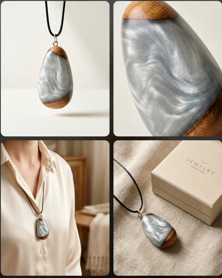 Unique Elm and hyper silver resin necklace 