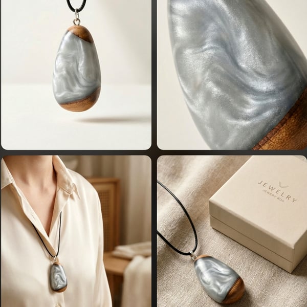 Unique Elm and hyper silver resin necklace 