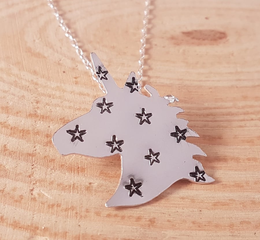 Sterling Silver Star Stamped Unicorn Necklace