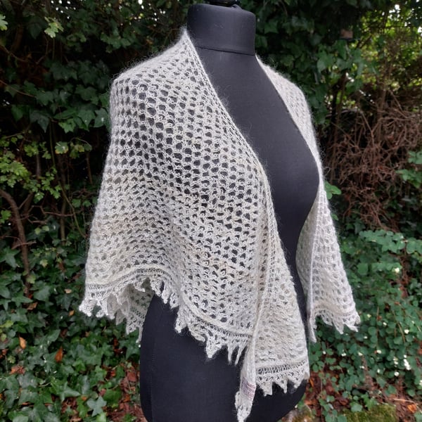 Handspun, Hand-knitted Luxury Shawl in Pure Wensleydale Wool