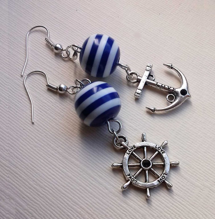 Asymmetrical Nautical Blue and White Bead Earrings Silver Plate 