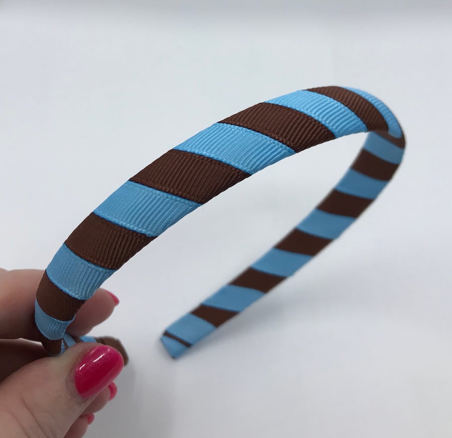 School Brown and Light Blue 1.8cm striped Hairband