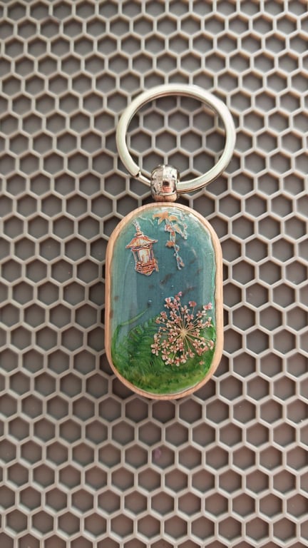 Wood And Resin Keychain: Handmade Miniature Summer Scene