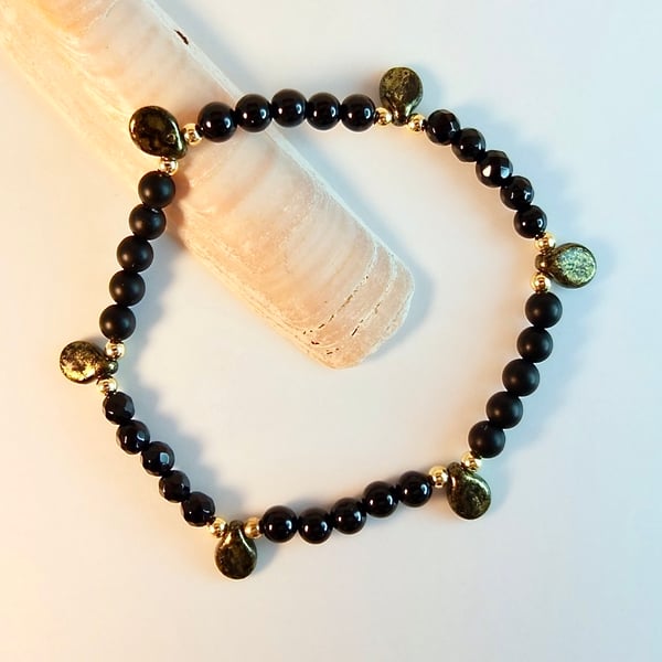 Black Onyx, Czech Glass Pip And Gold Vermeil Bracelet - Handmade In Devon