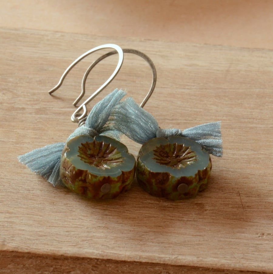 Handmade Blue Czech Blossom Bead Earrings with Chiffon Ribbon