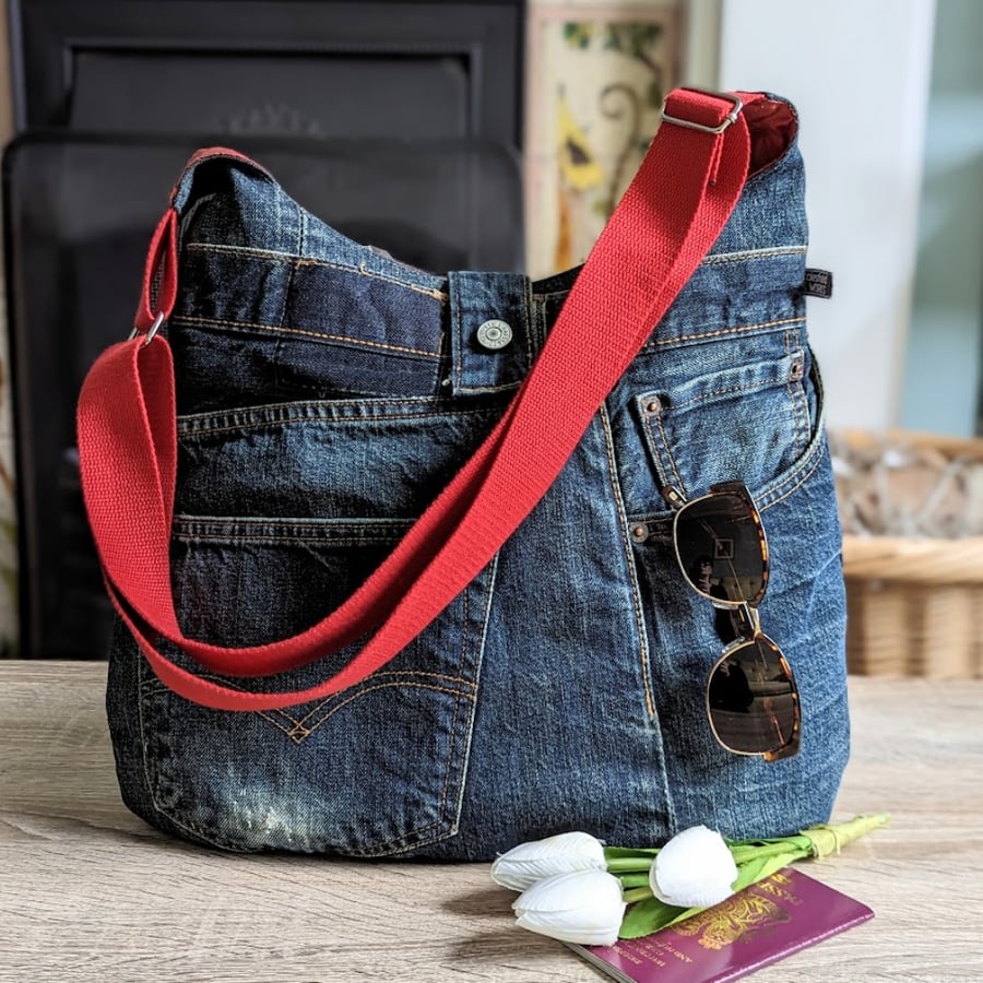 Upcycled Jeans Hobo Shoulder or Cross Body Bag with Silk Lining