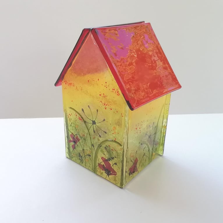 Fused Glass Poppy Tealight House: Handcrafted Floral Ornament