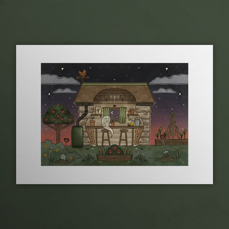 Ghostly Garden shed, Ghosts of Summer, 90s nostalgia, A4 art print