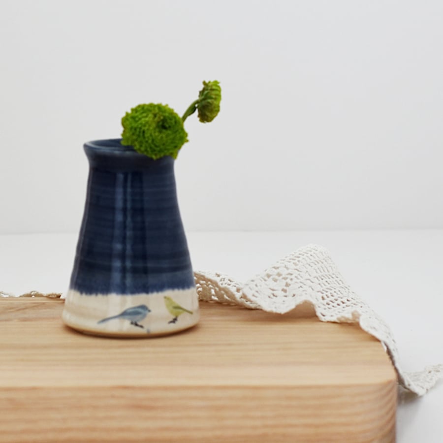 Ceramic blue and white bud vase with birds - handmade illustrated pottery