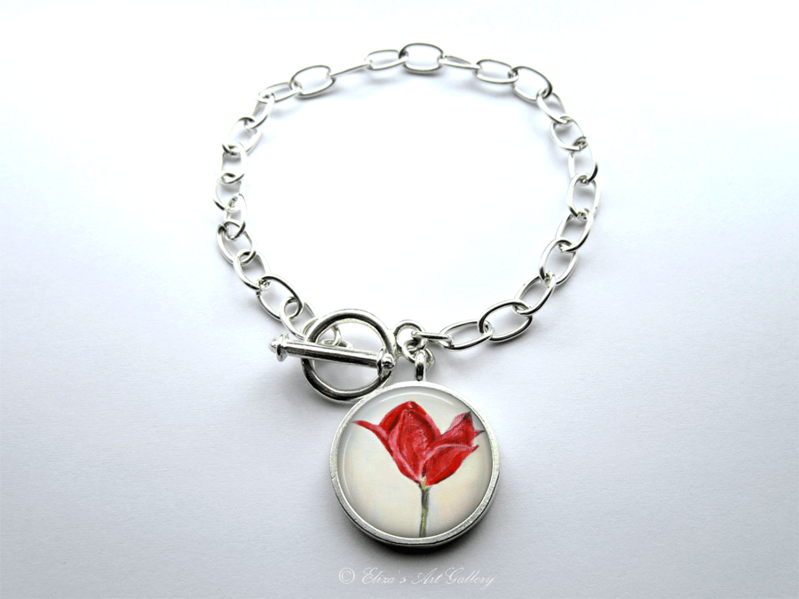 Silver Plated Red Tulip Art Large Link Charm Bracelet With Toggle