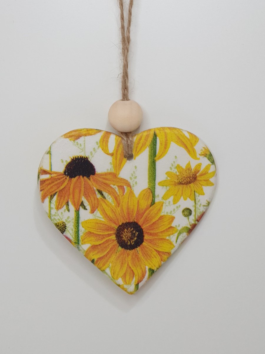 Sunflowers, clay heart hanging decoration, summer decor