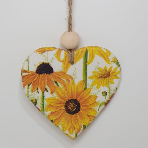 Sunflowers, clay heart hanging decoration, summer decor