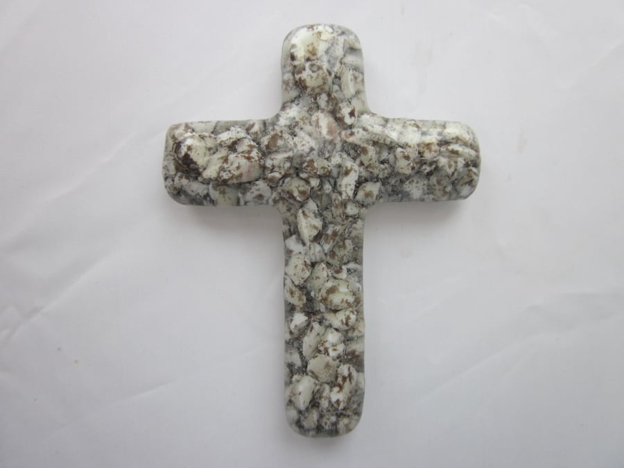 Handmade cast glass holding cross - Marbled rock
