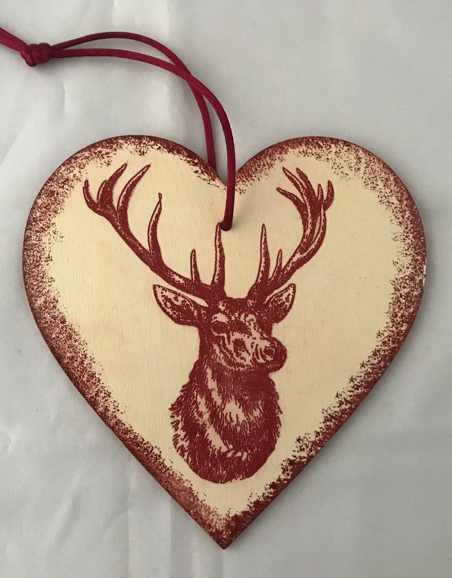 Decorated Christmas Small Wooden Heart Decoration Stag Red Unusual