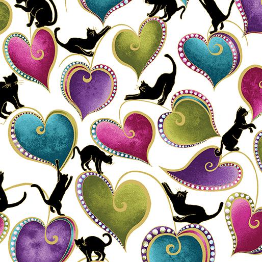 Cat-i-tude - Hearts and Cats white multi - Benartex 
