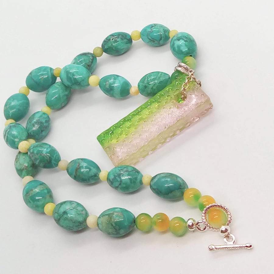 Green and Clear Rectangular Glass Pendant on a Jasper Jade and Fluorite Necklace