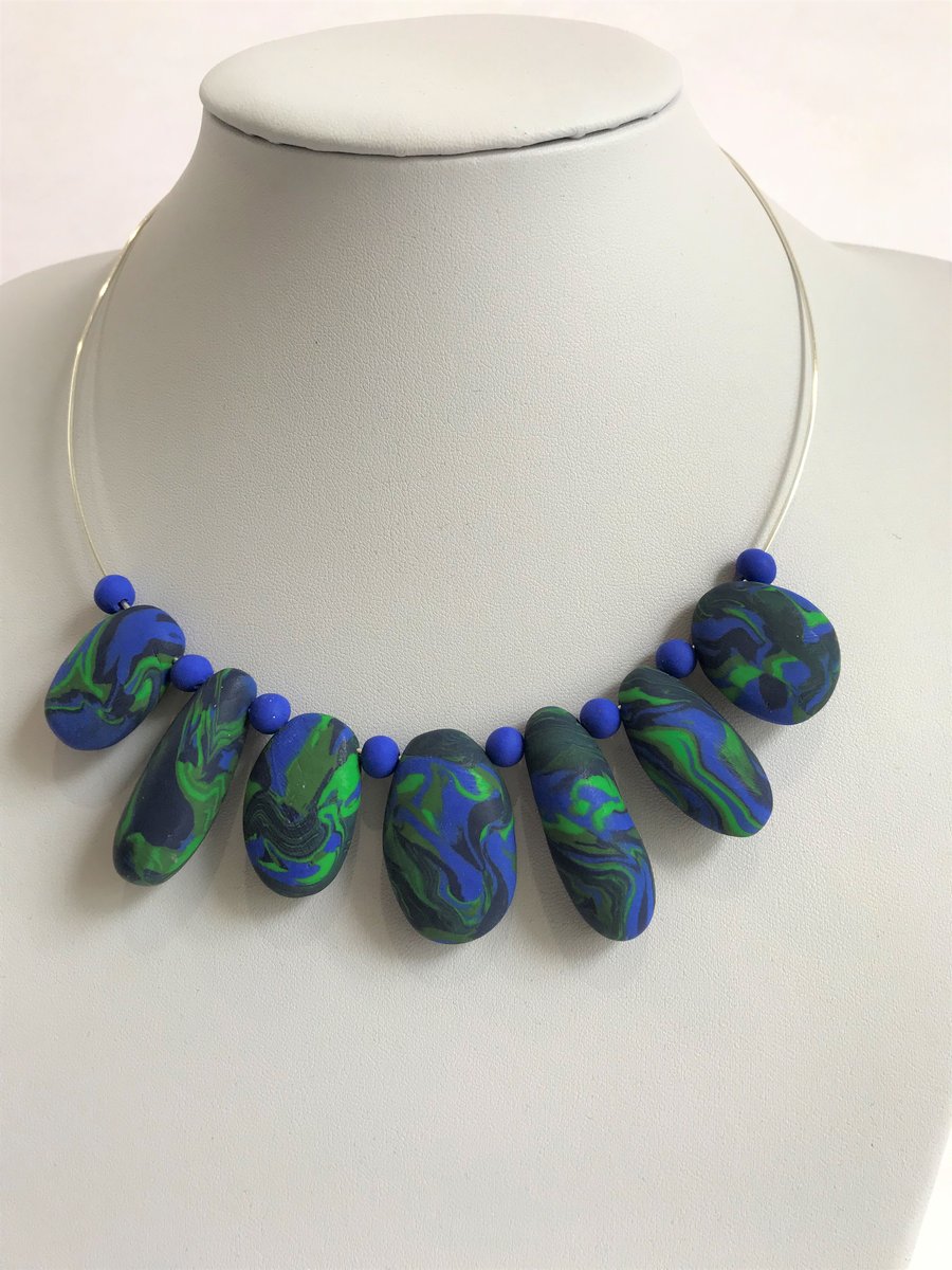 Blue, Green & Glitter, Handmade Polymer Clay Pebbles Beaded on Wire Necklace