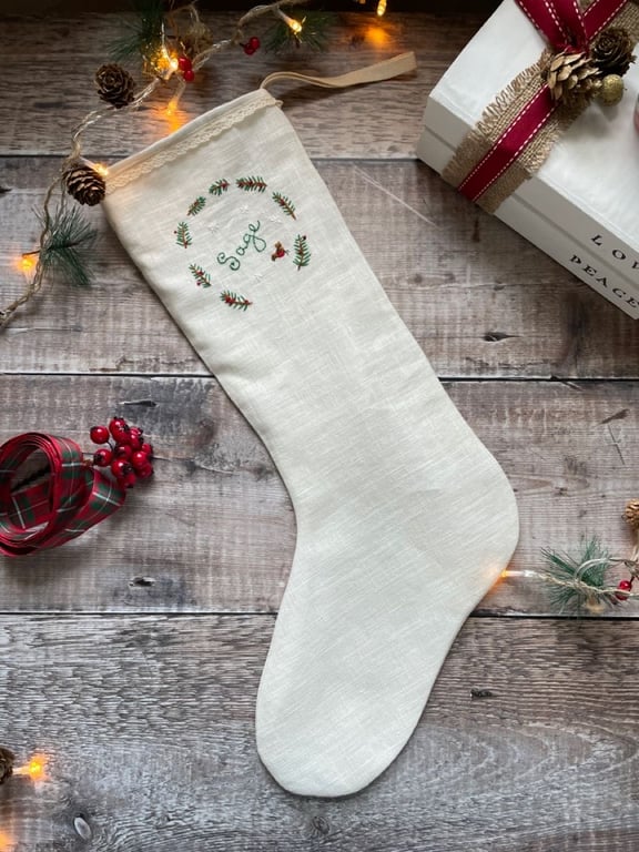Hand embroidered Christmas Stocking, Personalised, Linen