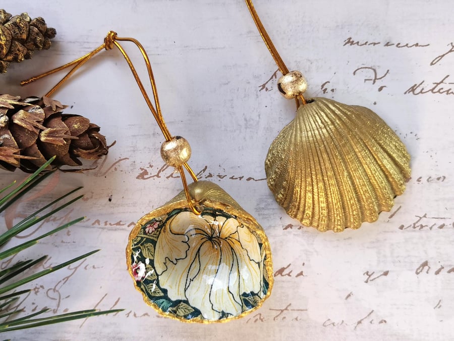 Two Hanging Shell Ornaments, William Morris Pimpernel Christmas Tree Baubles