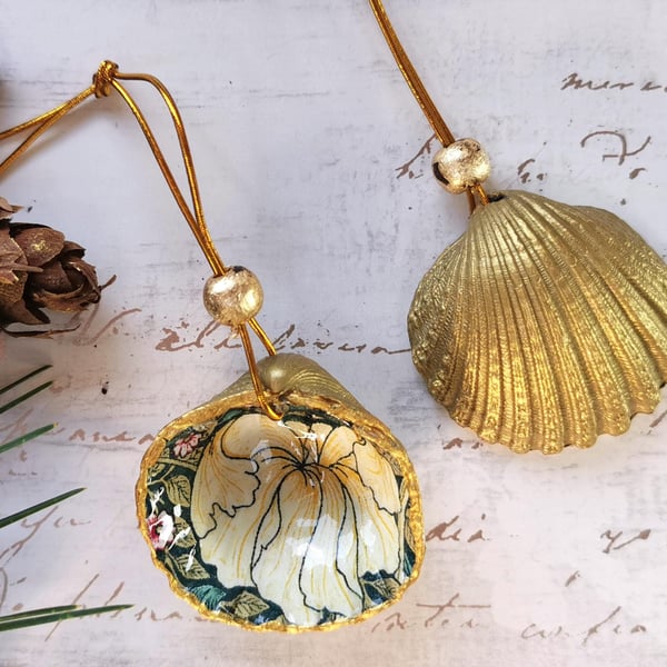 Two Hanging Shell Ornaments, William Morris Pimpernel Christmas Tree Baubles