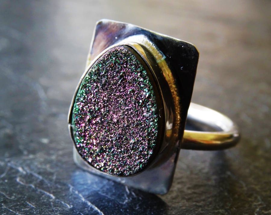 Sterling silver and peacock titanium druzy. Fully adjustable