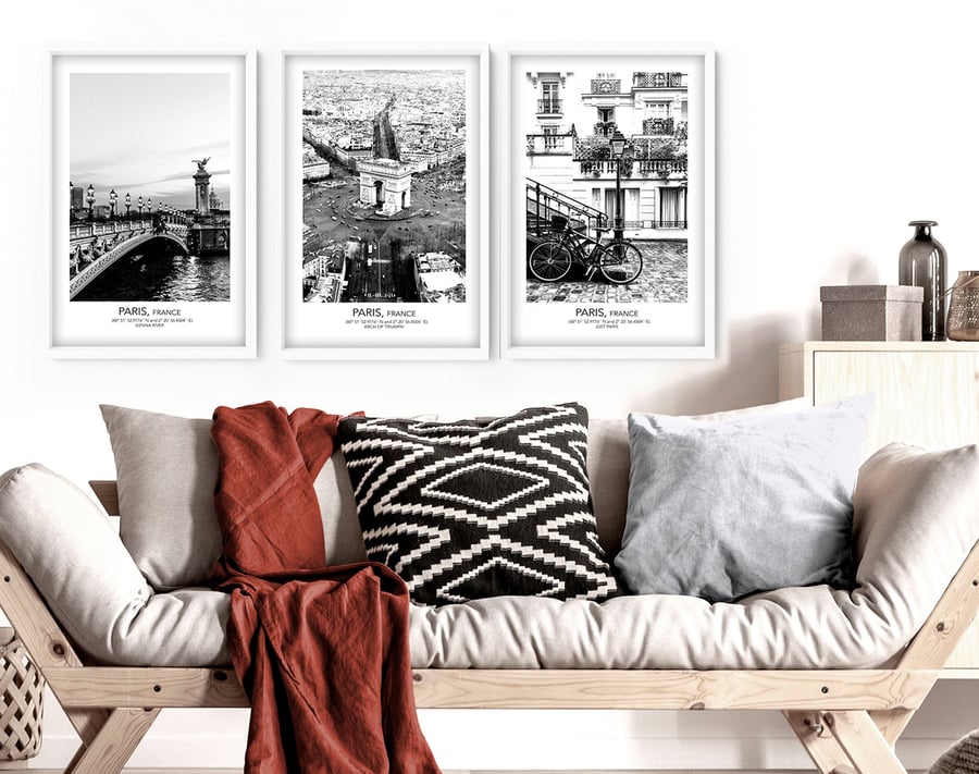 Set x 3 Paris Prints, travel poster gift, Home Decor, Wall hanging, above bed de