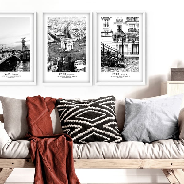 Set x 3 Paris Prints, travel poster gift, Home Decor, Wall hanging, above bed de