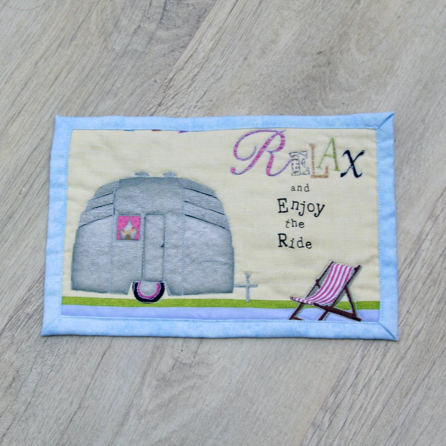 Seconds Sunday - 'Relax and Enjoy the Ride' Mug Rug with Vintage Caravan Detail