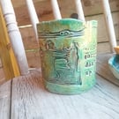 sewing machine coffee cup Stoneware ceramic pottery tea mug in green brown