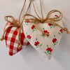 Pair hanging hearts Laura Ashley scarlet red check and floral