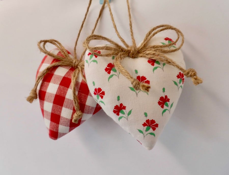 SOLD Pair hanging hearts Laura Ashley scarlet red check and floral