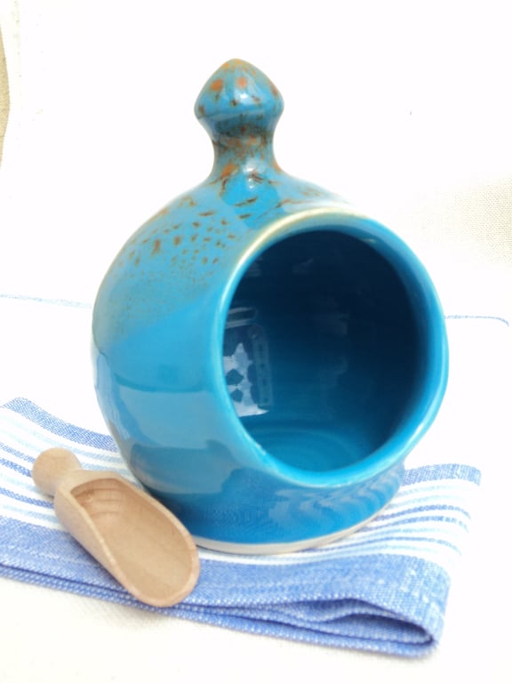 Salt Pig small size, handthrown in ceramic with Turquoise glaze and a wooden sco