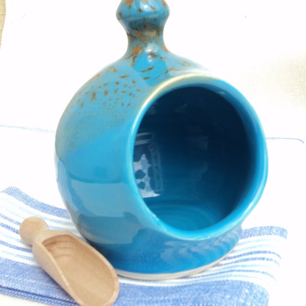 Salt Pig small size, handthrown in ceramic with Turquoise glaze and a wooden sco