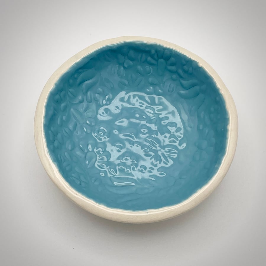 NEW! Ceramic keepsake dish with a  botanical aquamarine design